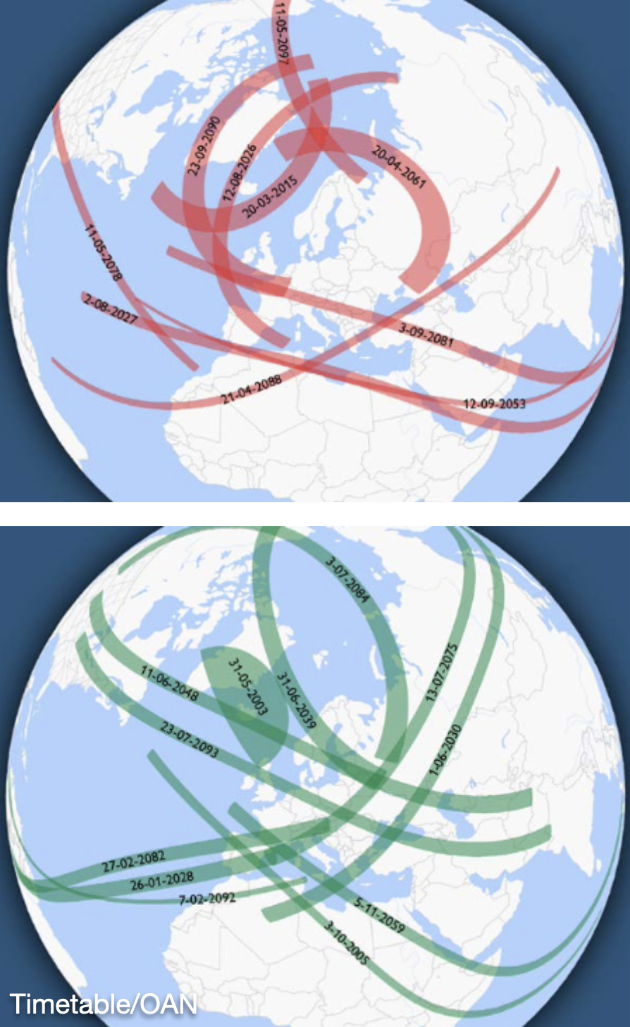 Eclipses solares visibles en España, cerca de ella, o en Europa, a lo largo del siglo XXI. Arriba los totales y debajo los anulares.
