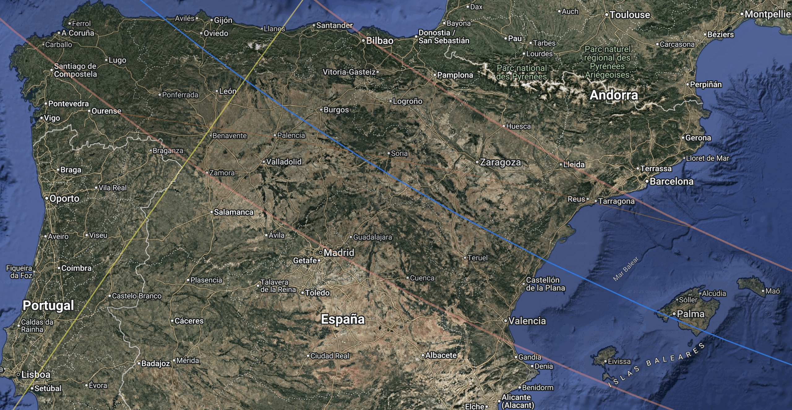 Trayectoria del eclipse de 12 de agosto de 2026 por España.
